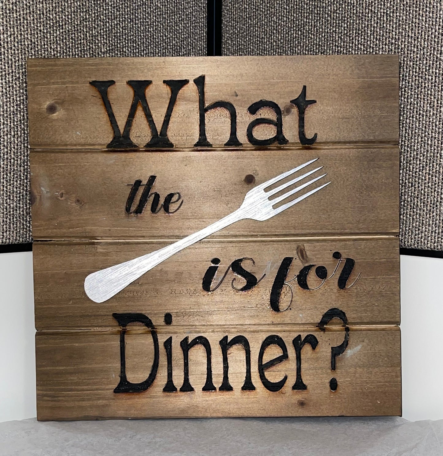 What's for dinner, kitchen sign, fork, funny, adult humor, shiplap, wall-mount, stand