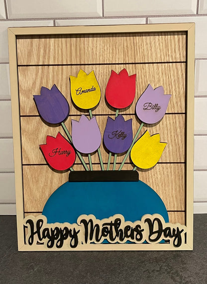 Mother's Day Tulip Flower Frame Sign, Personalized names on tulips, tabletop stand