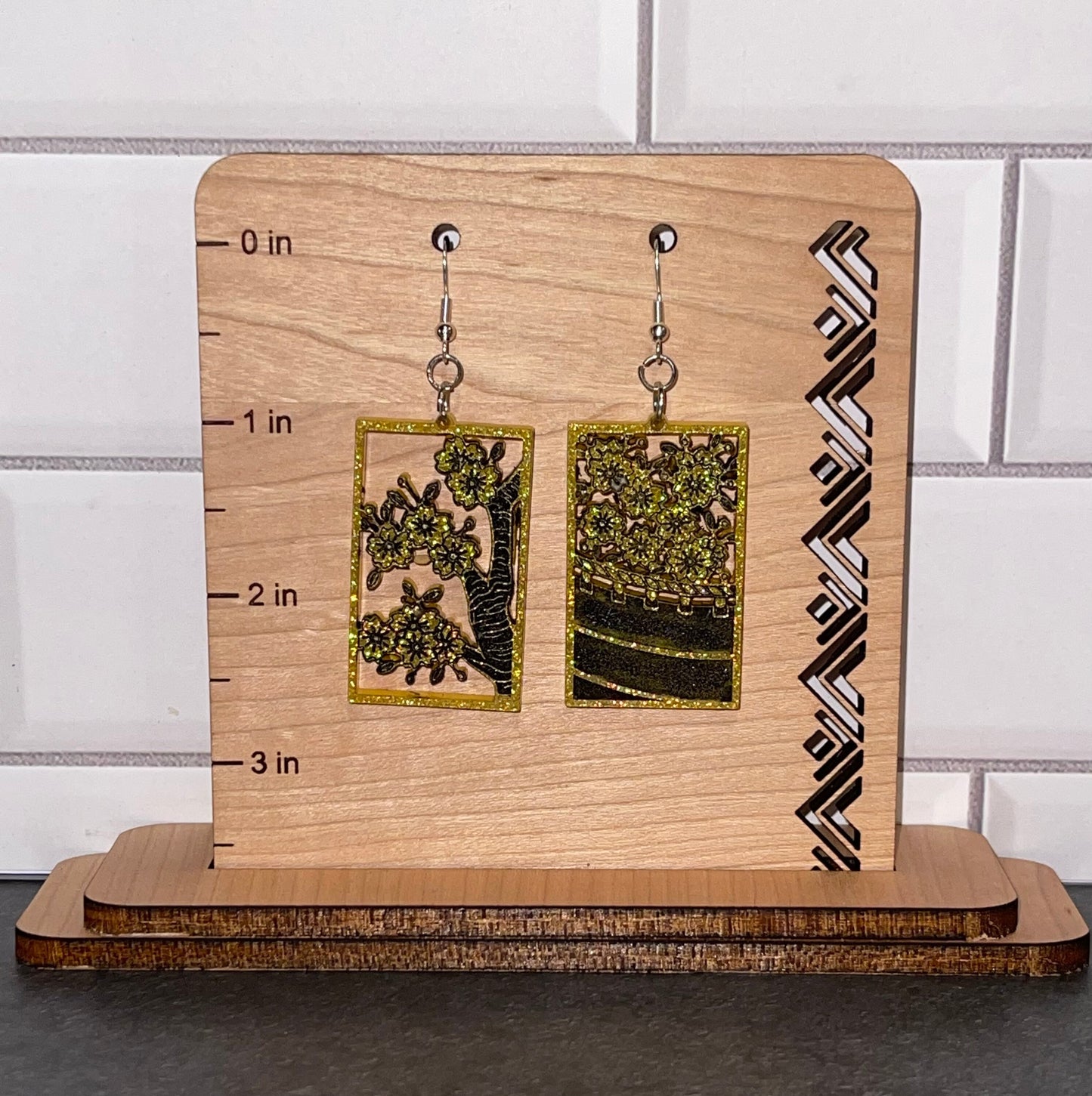 Wood Japanese "Hanafuda" style dangle earrings - "March 1"