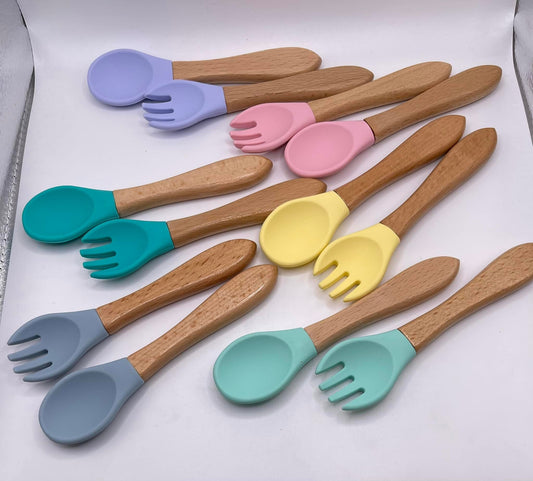 Silicone and Wood Spoon/Spork Sets, Personalized, Engravable, Soft and Smooth, Perfect for Babies