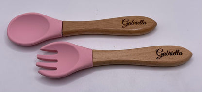 Silicone and Wood Spoon/Spork Sets, Personalized, Engravable, Soft and Smooth, Perfect for Babies