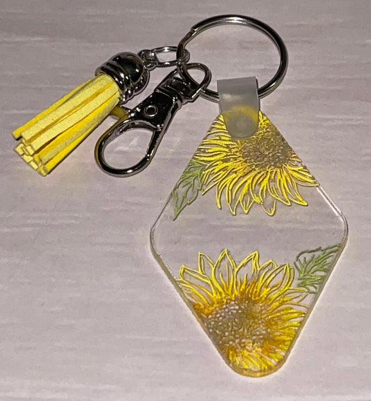 Sunflower Keychain, Engraved and Hand-painted Acrylic, Tassel, Lobster Claw Clasp, Lightweight