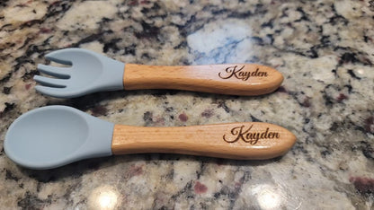 Silicone and Wood Spoon/Spork Sets, Personalized, Engravable, Soft and Smooth, Perfect for Babies