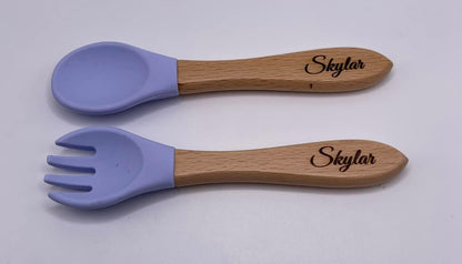 Silicone and Wood Spoon/Spork Sets, Personalized, Engravable, Soft and Smooth, Perfect for Babies