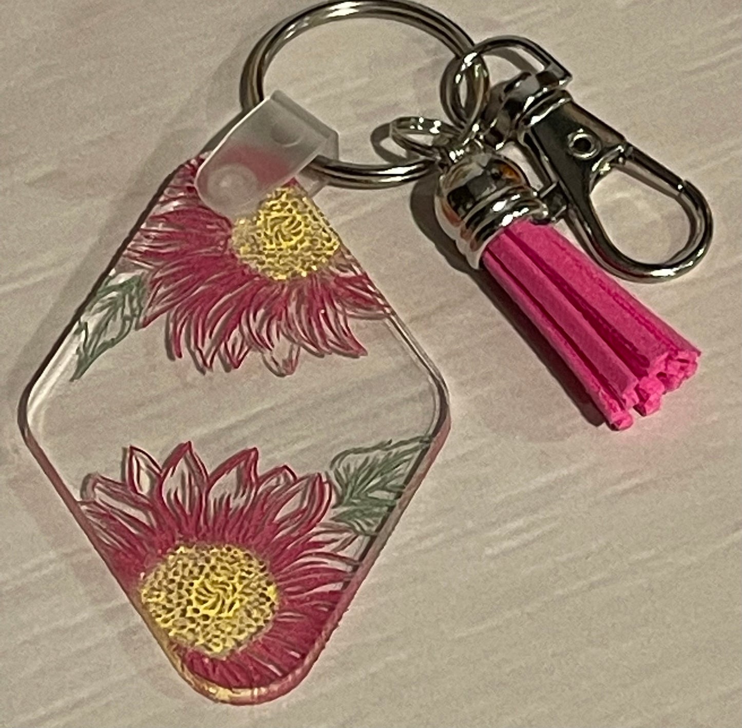 Sunflower Keychain, Engraved and Hand-painted Acrylic, Tassel, Lobster Claw Clasp, Lightweight