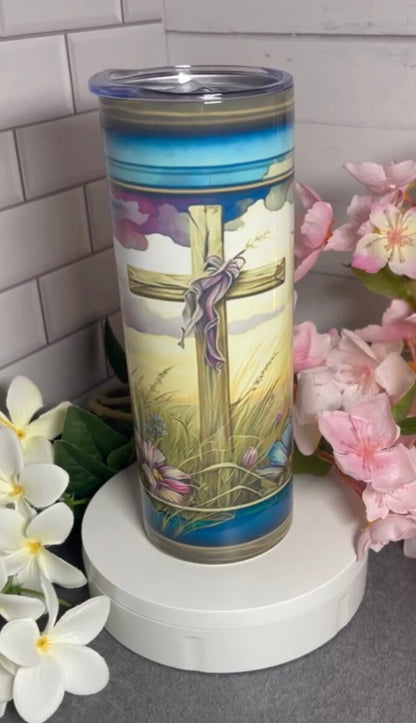 Stained Glass Cross, 20 oz Tumbler with lid and straw, insulated, anti-skid silicone bottom, optional matching coaster