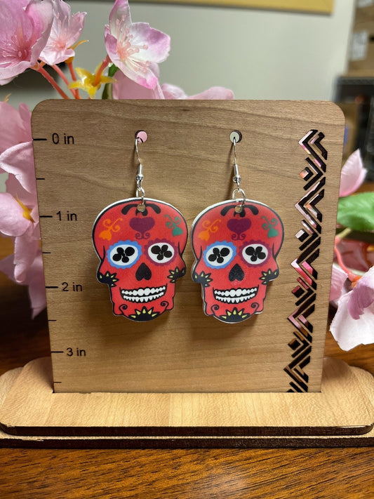 Sugar skull dangle earrings, Day of the Dead, skeleton, laser cut acrylic, durable, waterproof, scratch resistant, colorful, sublimated