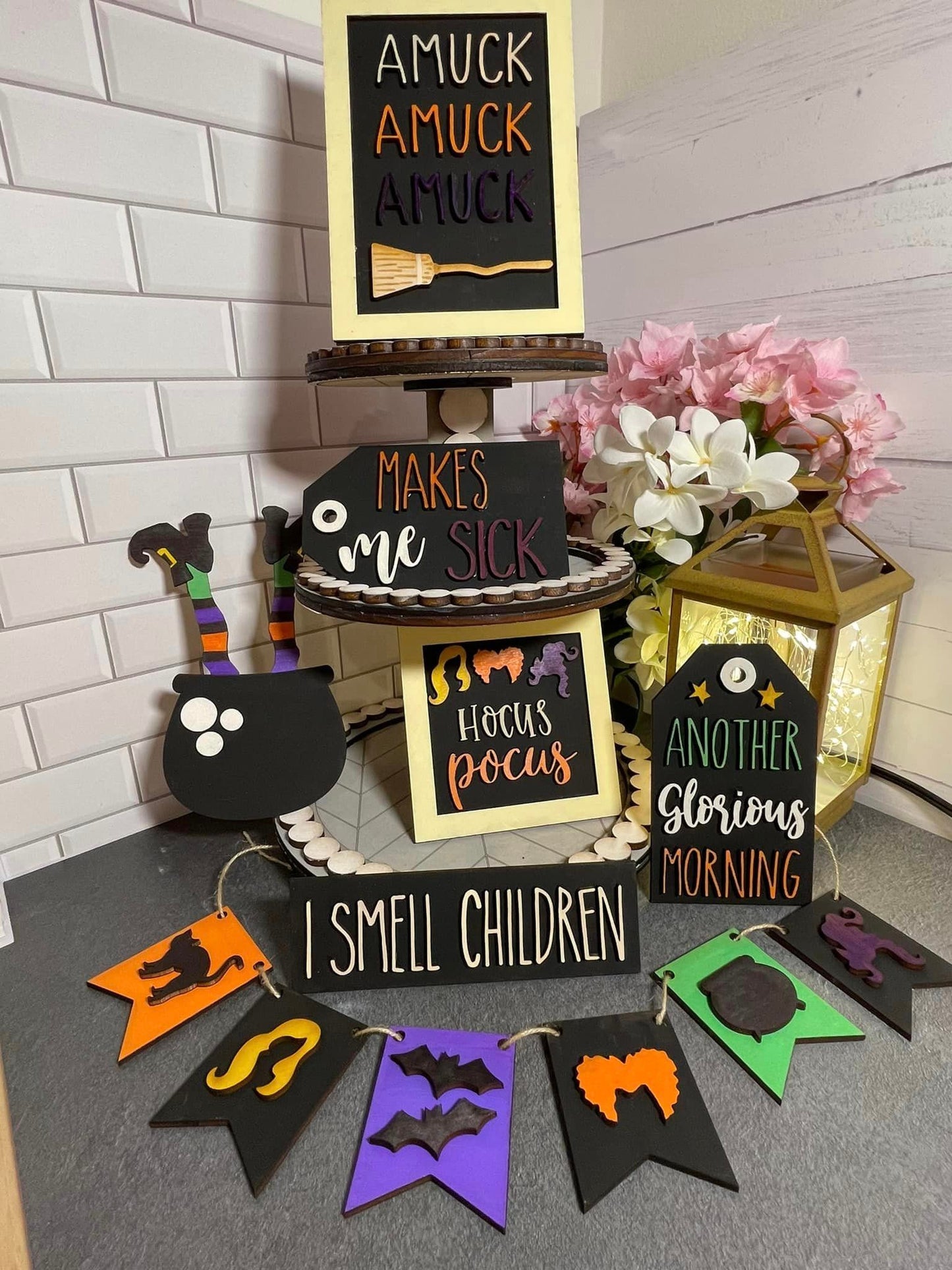 Hocus Pocus Halloween Witch Tiered Tray Decor Set